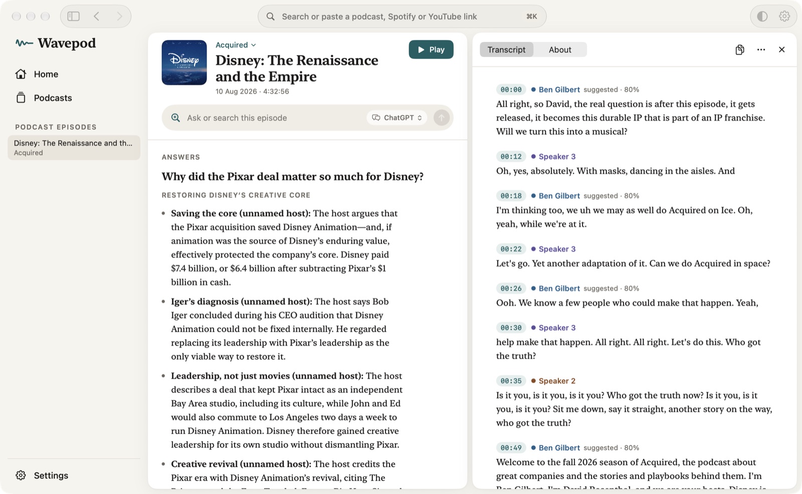 Wavepod with the Acquired episode about Disney open. On the left, the answer to a question, with its key points. On the right, the transcript with each speaker named.